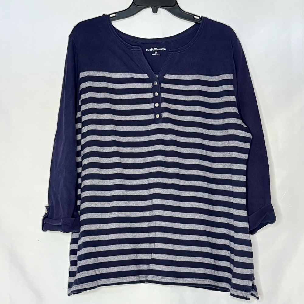 Croft & Barrow Women’s Plus Blue & Gray Striped Henley Top Sz 2XL NWOT